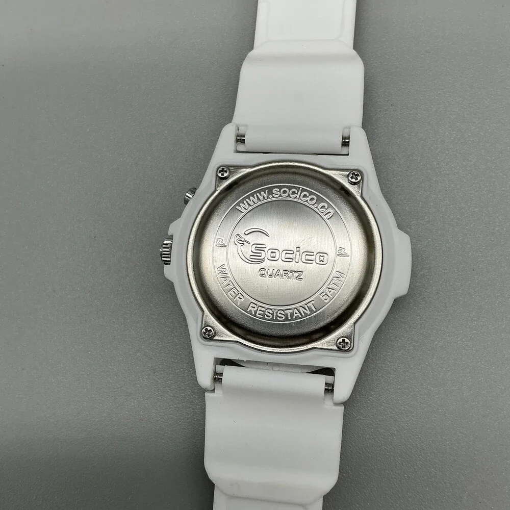 Socico Mens Watch 42mm White Dial Red Numbers White Sport 50M Luminous